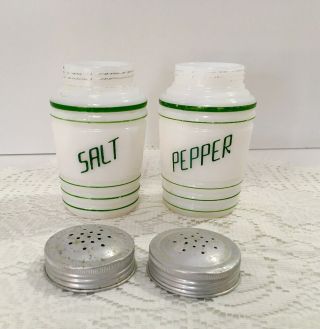 Vintage Milk Glass Salt Pepper Shakers Green Letters Beehive Ribbed Hazel Atlas