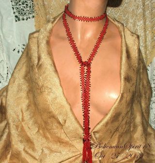Antique Art Deco Vintage Red Czech Glass Beaded 50  L Flapper Tassels Necklace