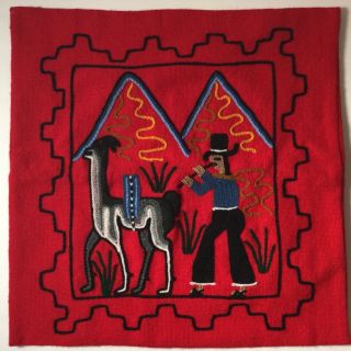 Mola Pillow Case Handmade 16 X 16 Red Llama Native South American Playing Flute