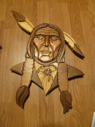 Vintage 21 X 14 Native American Indian Face,  Wood Carving,  Wall Hanger,  Mount