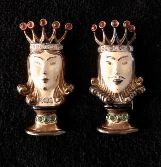 Rare Trifari Sterling Silver White King Queen Chess Pin Clips