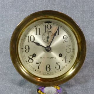 Wwii Vintage Seth Thomas Brass Maritime Ships Clock With Second Hand & Bells
