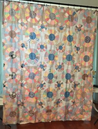 Vintage 1930s Quilt Top,  Dresden Plate,  77 X 92 Inch