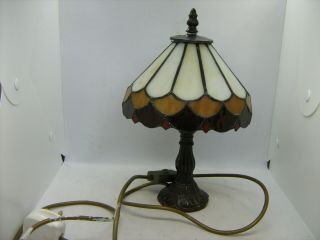 Vintage Table Lamp Bronze Metal And Coloured Leaded Glass Lampshade
