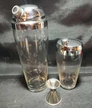 Vintage Etched Glass Martini Cocktail Mixer Shaker Set Art Deco Barware Nye 2020