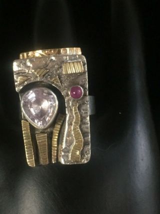 Rare Fine Signed Modernist Artisan Rishar Sterling 14k Pink Topaz Ring