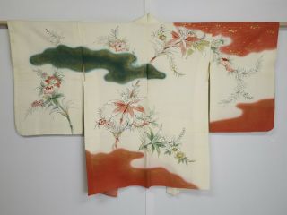 1122s04z530 Vintage Japanese Kimono Silk Hand Painted Haori Off - White Flowers