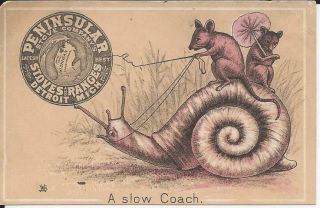 1900s Detroit Mi Peninsular Stove Co Rats Riding On A Snail Advertising Card