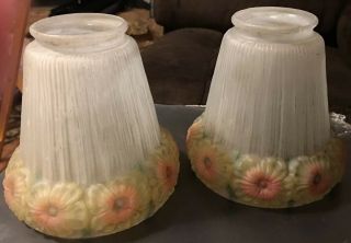 Set Of 2 Vintage Antique Light Frosted Glass Shades Victorian Flowers
