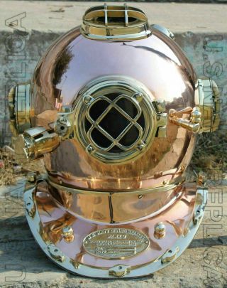 U.  S Navy Mark V Solid Copper & Brass Diving Divers Helmet 18 " Vintage Morse Gift