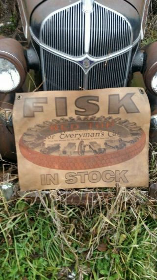 Vintage Fisk Tire Sign Red Top Dealer Garage Gas Station Oil Brass Age Cars