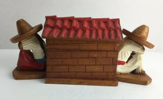 Vintage Mexican Folk Art Hinged Wooden Box With Mexican Figures 19h