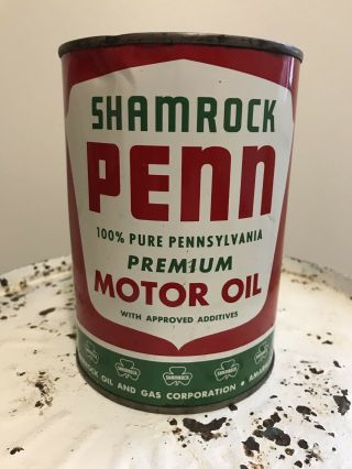Rare Shamrock Penn Qt Motor Oil Can 100 Pennsylvania Pure Full Metal Texas 1938