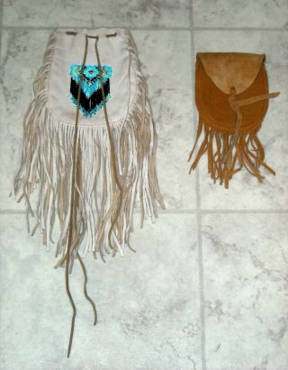 Set Of Native American Medicine Pouch Bags Beaded Suede Leather Fringe Tribal