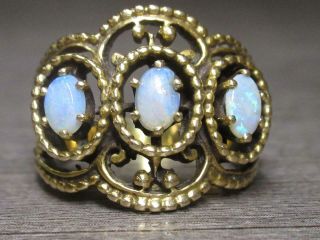 Vtg 14k Yellow Gold Jewelry Ornate Filigree Three Opal Stones Ring 6.  5