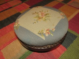 Small Antique Wooden Wood Round Footstool W Embroidered Cushion