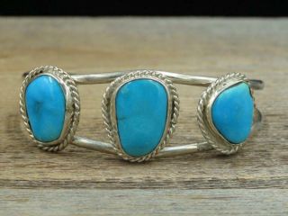 Vtg Navajo Sterling Silver Blue Gem Turquoise 3 Stone Twisted Rope Cuff Bracelet
