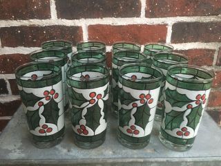 12 Vintage West Virginia Stained Glass Christmas Holly & Berry Beverage Tumbler