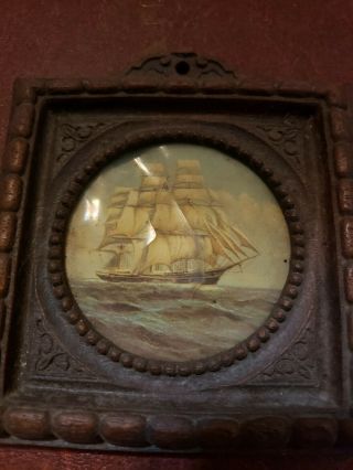 Minature Antique Wooden Framed Picture Of A Sailing Ship