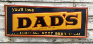 Vtg 1940s 50s Dad’s Root Beer Embossed Tin Sign 31”x 12” Old General Store Ad