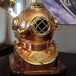 Diving Helmet Copper & Brass 18 " U.  S Navy Mark V Scuba Divers Helmet With Base