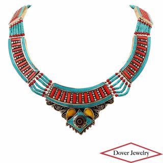 Vintage Turquoise Coral Sterling Silver Large Tribal Necklace 77.  7 Grams Nr