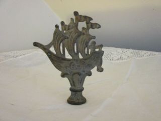 Very Cool Antique Figural Lamp Finial Brass Or Bronze? Galleon Sailing Ship Old