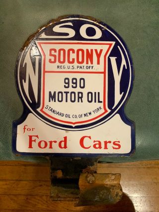 Porcelain Socony Double Sided Sign 990 Motor Oil Ford Cars