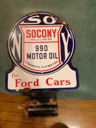 PORCELAIN SOCONY DOUBLE SIDED SIGN 990 MOTOR OIL FORD CARS 2