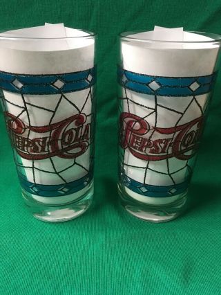 Vintage Pepsi Cola Tiffany Style Stained Glass Glasses Drinking 12oz Set Of 2