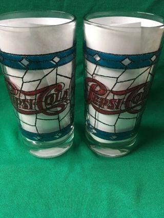 Vintage Pepsi Cola Tiffany Style Stained Glass Glasses Drinking 12oz Set of 2 2