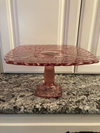 Vintage Le Smith Large Pink Glass Trellis Cake Stand_11 " Square Plate_