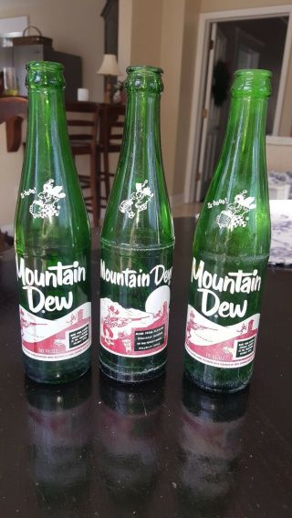3 Vtg Mountain Dew Traditional Hillbilly Style 10 Oz Green Glass Soda Pop Bottle