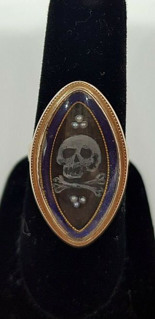 Rare Georgian 15ct Gold & Enamel Memento Mori Watercolour Miniature Skull Ring