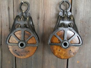 TWO Antique VINTAGE CAST Iron/ WOOD PULLEY PRIMITIVE ORNATE RUSTIC BARN DECOR 2
