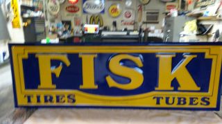 " Fisk Tires & Tubes " Large Embossed Metal Sign (dated 1932),  48 " X 16 ",