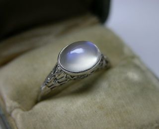 Antique Art Deco Blue Hue Moonstone Diamond 18k Gold Filigree Engagement Ring