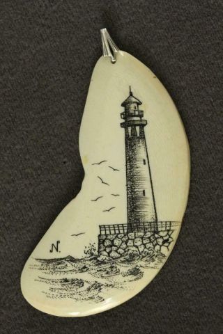 Vintage Buffalo Scrimshaw Necklace Art Jewelry Lighthouse Sea Necklace Pendant