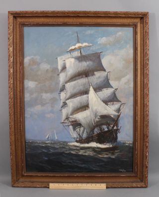 Large Antique T.  Bailey American Maritime Seascape Clipper Ship Oil Painting,  Nr