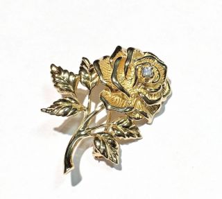 Vintage Signed Tiffany & Co.  14k Yellow Gold And Diamond Rose Flower Brooch Pin