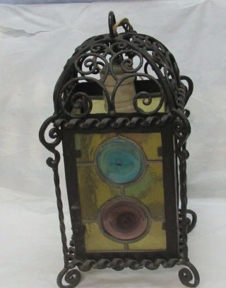 Vintage Wrought Iron Leaded Stained Glass Ornate Porch Hanging Ceiling Light
