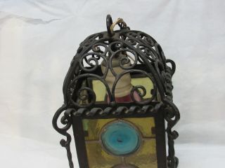 Vintage Wrought Iron Leaded Stained Glass Ornate Porch Hanging Ceiling Light 2