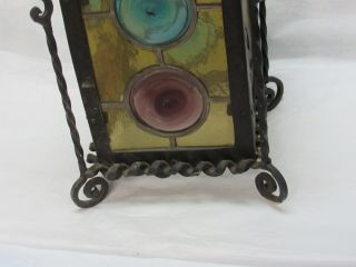 Vintage Wrought Iron Leaded Stained Glass Ornate Porch Hanging Ceiling Light 3