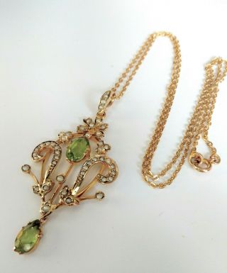 Antique Art Nouveau 9ct Gold Peridot Pearl Lavaliere Pendant & Chain
