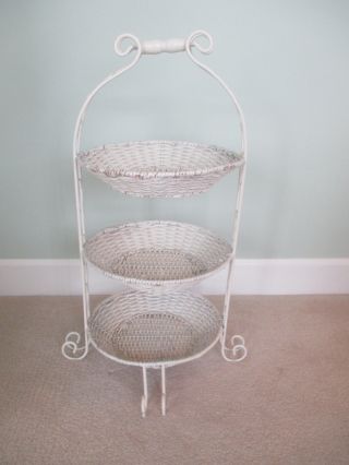 Antique Tiered Wicker Accent Table Off White With Handle On Top Cute Basket
