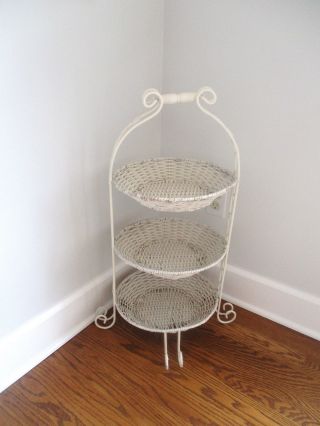 Antique Tiered Wicker Accent Table Off White with Handle on Top Cute Basket 2