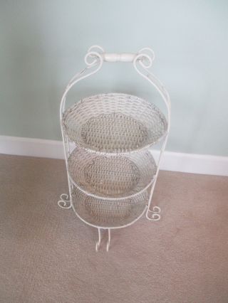 Antique Tiered Wicker Accent Table Off White with Handle on Top Cute Basket 3