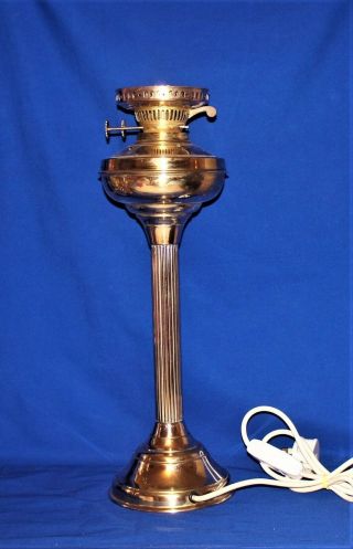 Tall Vintage Brass Oil Lamp On A Reeded Column Converted To Electric.