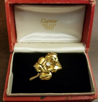 Vintage Cartier Paris 18kt Gold Old Cushion Cut Diamond Flower Brooch Clip & Box 3