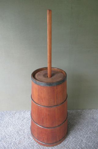 Antique Butter Churn Cedar Wood Vintage Primitive,  Dasher,  Lid,  34 " Tall